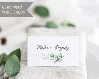 Pack of 12 Printed Greenery Tent Place Card, 2x3.5" Minimalist Green Leaves Folded Cards Individually Printed with Guest Names #26