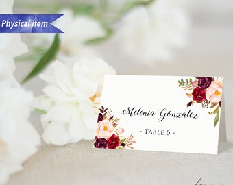 Pack of 12 Printed Burgundy Pink Floral Tent Place Card, 2x3.5" Folded Name Cards Individually Printed with Guest Names #01