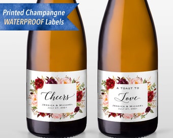 6 Printed Custom Waterproof Polyester 750ml Regular Champagne Bottle Labels, Personalized Burgundy Floral Label Sticker, Fast Shipping #01