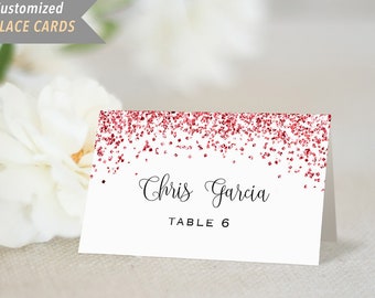 Pack of 12 Printed Rose Gold Glitter (not real foil) Tent Place Card, 2x3.5" Folded Name Cards Individually Printed with Guest Names