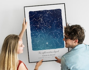 Custom Star Map, Blue Watercolor Texture Night Sky Constellations, Personalized Wedding Anniversary Birthday Newborn Gift, Digital & Printed