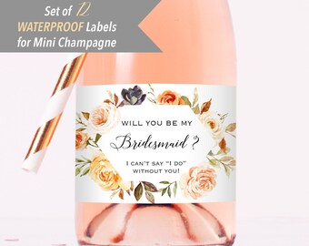 Will You Be My Bridesmaid - Set of 12 Printed Waterproof MINI Champagne Bottle Labels, Autumn Wedding Proposal Label Sticker