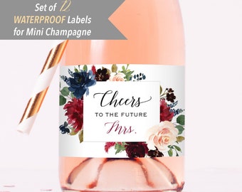 Cheers to the Future MRS - 12 Printed Waterproof Mini Champagne Bottle Labels, Burgundy Navy Floral Sticker for Bridal Shower #22