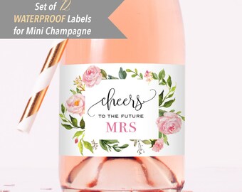 Cheers to the Future MRS - 12 Printed Waterproof Mini Champagne Bottle Labels, Blush Pink Floral Sticker for Bridal Shower #05