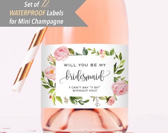 Will You Be My Bridesmaid - Set of 12 Printed Waterproof MINI Champagne Bottle Labels, Blush Pink Floral Proposal Label Sticker#05