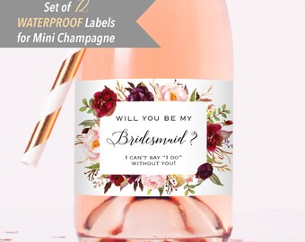 Will You Be My Bridesmaid - Set of 12 Printed Waterproof MINI Champagne Bottle Labels, Burgundy Pink Floral Proposal Sticker#01