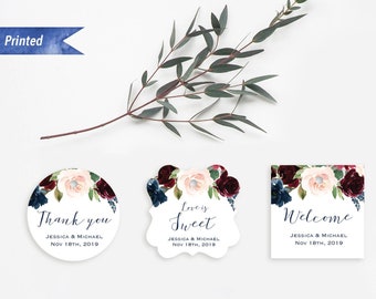 12 Printed Burgundy Navy Floral 2" Favor Tag, Thank you Label, Welcome sticker, 2" Round Square Flourish Square Tag, Physical Products #22