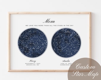 Personalized 2 Star Maps Print, Custom Constellation Sky, Gift for Couples, Mom Dad Birthday Gift, 2 kids Family, Wall Art Canvas Prints