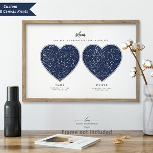 Impresión personalizada de mapas del cielo de 2 estrellas, constelación en forma de corazón, regalo para parejas, regalo de cumpleaños para mamá y papá, familia de 2 niños, impresiones en lienzo de arte de pared