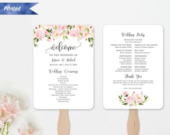 Printed Blush Pink Floral Wedding Program Fan, Customized Ceremony Program, Fully Assembled FREE Shipping, PDF and Physical Product#05#15