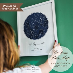 Fichier numérique livraison rapide, carte du ciel étoilé personnalisée, constellation du zodiaque texture aquarelle bleu marine, cadeau d'anniversaire de mariage anniversaire