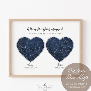 Custom 2 Heart Star Sky Maps - Personalized Constellation Wall Art Print - Birthday or Anniversary Gift for Her and Him