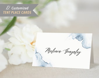 Pack of 12 Printed Blue Watercolor Texture Tent Place Card, 2x3.5" Minimalist Folded Name Cards Individually Printed with Guest Names #51