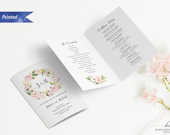 Printed Blush Pink Floral Folded Wedding Program Booklet, Bi-fold US Letter size Ceremony Program, PDF and Physical Products #05