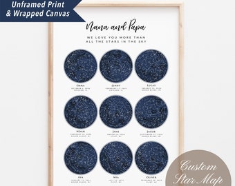 Custom 9 Star Sky Maps Print, Navy Zodiac Constellation Map, Gift for Grandma Grandpa Birthday Holiday Family Present, Wall Art Canvas Print