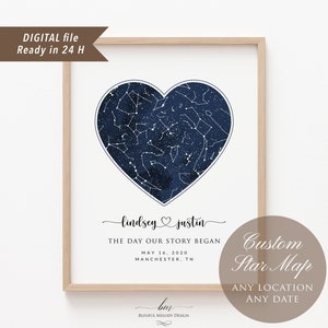 Digitale Datei Schnelle Lieferung, benutzerdefinierte personalisierte Herz Stern Himmel Karte, Marine Aquarell Sternzeichen Konstellation, Jahrestag Valentinstag Geschenk