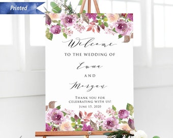 Printed Lilac Purple Floral Wedding Welcome Sign, Personalized Vertical Ceremony Welcome Board, PDF or Printed, Poster or Foam Board #04