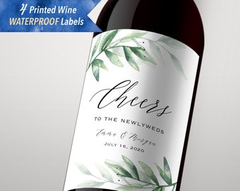 4 Printed Custom Waterproof Polyester Wine Bottle Labels, Personalized Green Leaf Greenery Wine Label Sticker, Fast Shipping #26