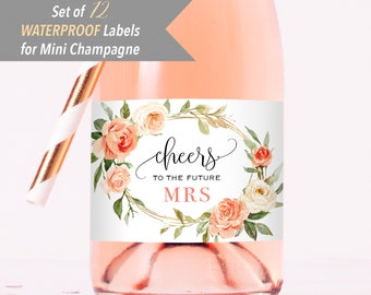 Cheers to the Future MRS - 12 Printed Waterproof Mini Champagne Bottle Labels, Peach Coral Floral Wreath Sticker for Bridal Shower