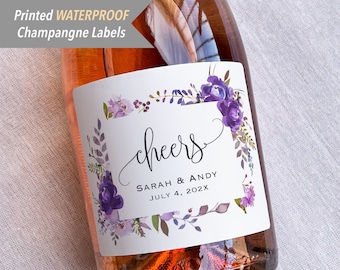 Custom Purple Floral Mini / Champagne Bottle Labels, Waterproof Sticker for Wedding, Anniversary, Birthday and all Events