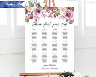 Printed Lilac Purple Floral Wedding Seating Chart Board, Personalized Ceremony Seating Plan, Large Customized Poster, PDF or Printed #04