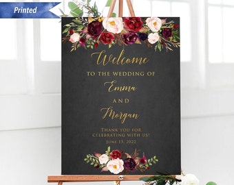 Printed Burgundy Floral Black Background Wedding Welcome Sign, Personalized Ceremony Welcome Board, Large Custom Poster #21