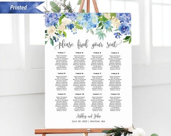 Printed Blue Floral Wedding Seating Chart Board, Personalized Ceremony Bridal Baby Shower Seating Plan, Large Customized Poster #54