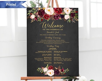 Printed Burgundy Floral Black Background Wedding Program Board, Personalized Order of Ceremony Welcome Sign, Custom Poster or Foam Board #21