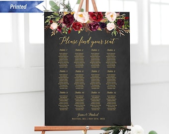 Printed Burgundy Floral Black Background Wedding Seating Chart Board, Personalized Ceremony Seating Plan, Custom Poster / Foam Board #21