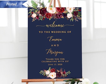 Printed Burgundy Pink Floral Wedding Welcome Sign, Personalized Vertical Ceremony Welcome Board, PDF or Printed, Poster or Foam Board #01