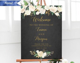 Printed Cream White Gold Floral Black Background Wedding Welcome Sign, Personalized Ceremony Welcome Board, Poster / Foam Board #06