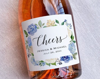 Custom Blue Floral Mini / Champagne /Wine Bottle Labels, Waterproof Sticker for Wedding, Anniversary, Birthday and all Events
