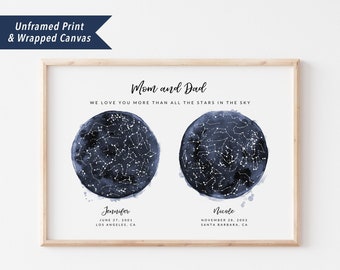 Custom 2 Star Sky Maps Print, Navy Watercolor Constellation, Gift for Him Her, Mom Dad Holiday Gift, 2 kids Family, Wall Art Canvas Prints