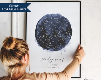 Custom Navy Watercolor Splashes Star Map Print, Personalized Night Sky Constellation, Wedding Anniversary Birthday Newborn Gift