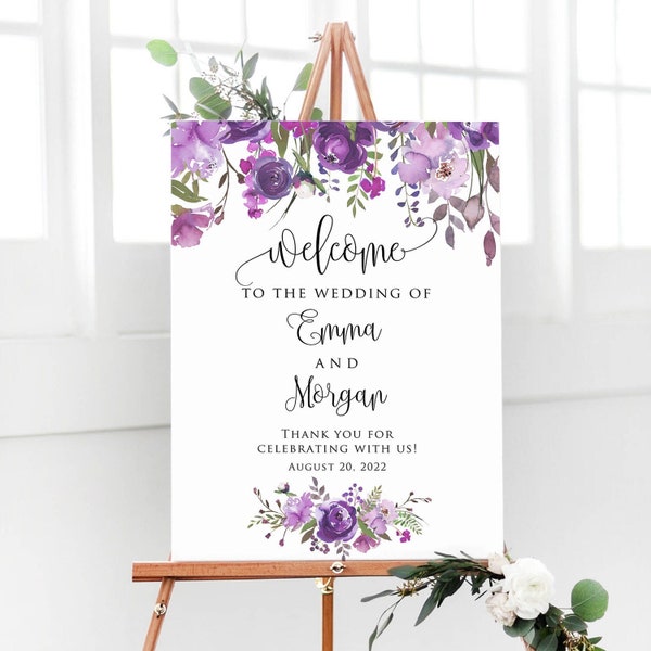 Printed Purple Lavender Floral Wedding Welcome Sign, Personalized Ceremony Welcome Board, Large Customized Poster, PDF or Printed #07