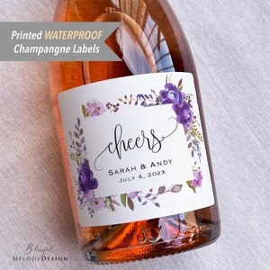 Custom Purple Floral Mini / Champagne Bottle Labels, Waterproof Sticker for Wedding, Anniversary, Birthday and all Events