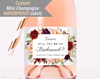 Custom 8 Bridesmaid Proposal Label for Mini Champagne Bottle, Personalized Burgundy Pink Floral Mini Wine Bottle WATERPROOF Label Sticker#01