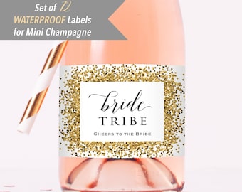 Bride Tribe - 12 Printed Waterproof Mini Champagne Bottle Labels, Gold Glitter(not real foil) Sticker for Bridal Shower