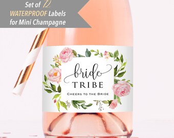 Bride Tribe - 12 Printed Waterproof Mini Champagne Bottle Labels, Blush Pink Floral Sticker for Bridal Shower #05