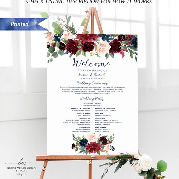 Printed Burgundy Floral Navy Gold Wedding Program Board, Personalized Order of Ceremony Welcome Sign, Customized Poster, PDF or Printed #22