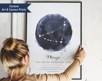 Custom Zodiac Constellation Print, Navy Blue Watercolor Circle Astrology Art, Gift for Her Him Mom Dad Baby, Birthday Baby Shower Present