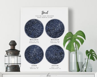 Custom 4 Sky Maps Print, Personalized Star Map, Zodiac Constellation Poster, Gift for Mom Dad Grandparent, 4 Children Family, Wrapped Canvas
