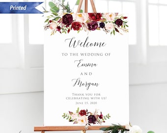 Printed Burgundy Pink Floral Wedding Welcome Sign, Personalized Vertical Ceremony Welcome Board, PDF or Printed, Poster or Foam Board #01