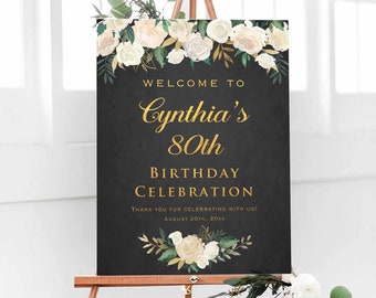 Printed White Floral Gold Black Birthday Welcome Sign, Personalized Birthday Party Celebration Sign, Customized Poster Board Canvas