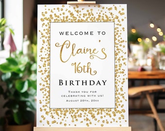 Custom Gold Glitter(not real foil) Birthday Welcome Sign, Personalized Birthday Party Celebration Sign, Customized Poster Board Canvas