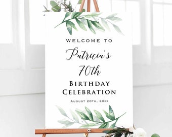 Printed Greenery Birthday Welcome Sign, Personalized Green Birthday Party Celebration Sign, Customized Poster Board Canvas