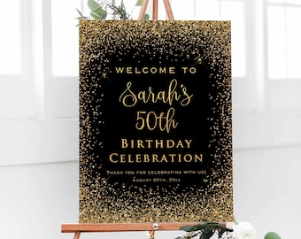 Printed Gold Glitter(not real foil) Black Birthday Welcome Sign, Personalized Birthday Party Celebration Sign Customized Poster Board Canvas