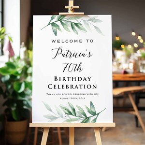 Printed Greenery Birthday Welcome Sign, Personalized Green Birthday Party Celebration Sign, Customized Poster Board Canvas Bild 3