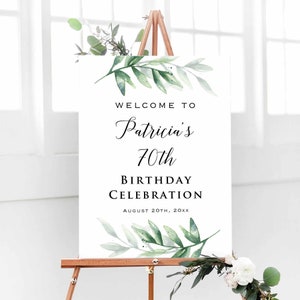 Printed Greenery Birthday Welcome Sign, Personalized Green Birthday Party Celebration Sign, Customized Poster Board Canvas Bild 1