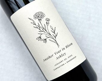 4 Custom Birth Flower Wine Labels, Premium Textured Rustic Sticker, Personalized Birthday Party Favor Gift